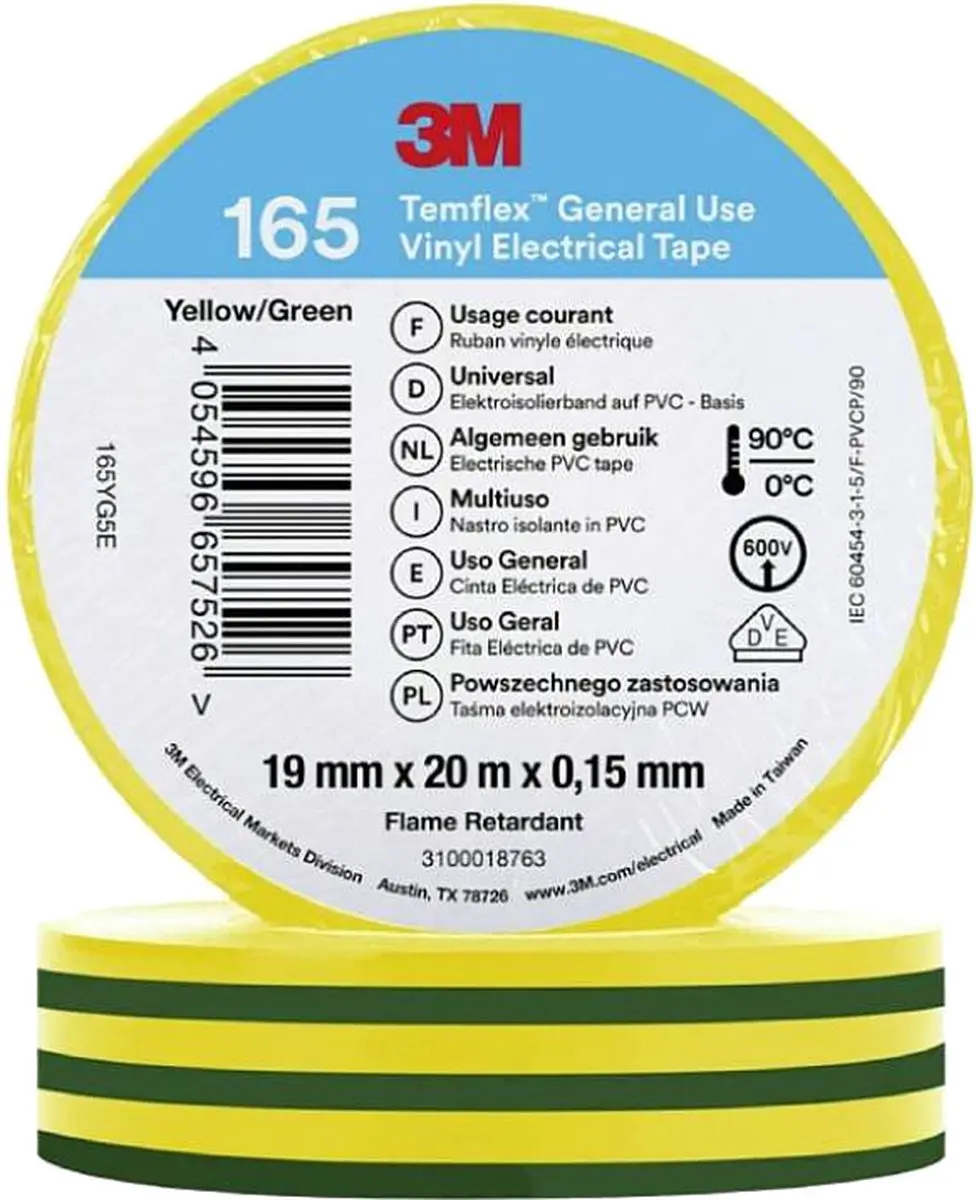 3M TF-165-19 Isolatietape Geel-Groen 19mm x 20m