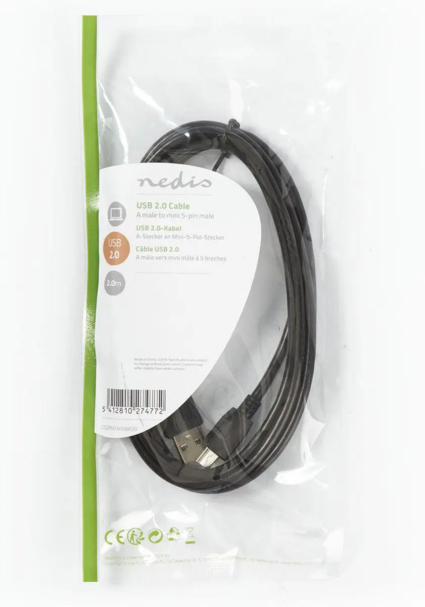 Nedis USB 2.0 A naar Mini-B Kabel 2m - Zwart