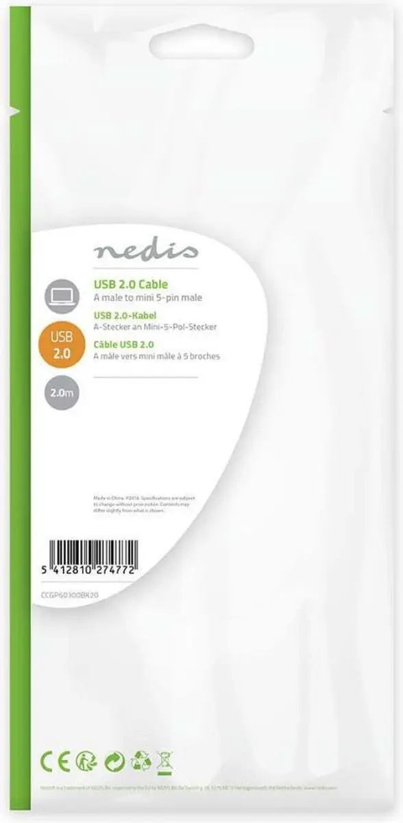 Nedis USB 2.0 A naar Mini-B Kabel 2m - Zwart