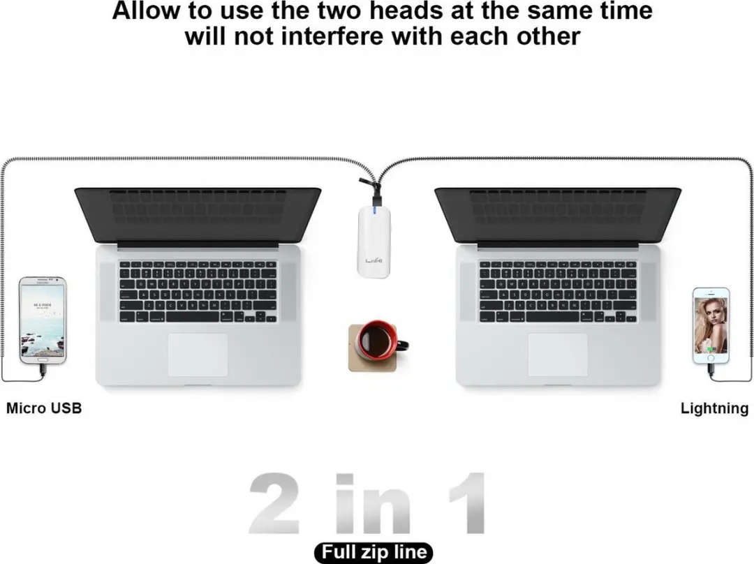Jupio MicroUSB Lightning USB Kabel - Rits Design - Zwart