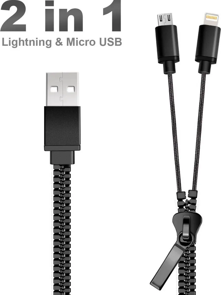 Jupio MicroUSB Lightning USB Kabel - Rits Design - Zwart