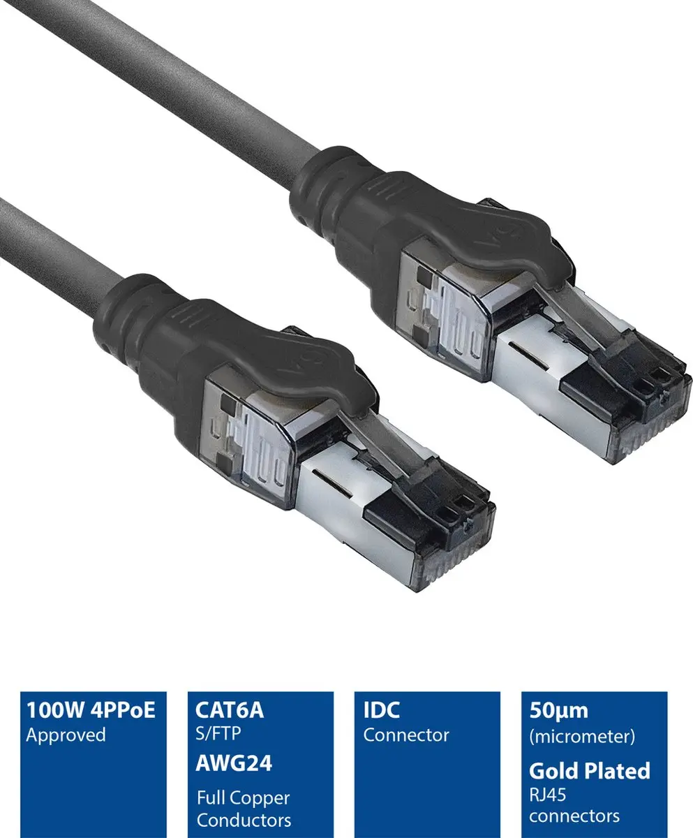ACT FB4905 Patchkabel CAT6A 5m - 4PPoE/PoE++ 100W - Zwart