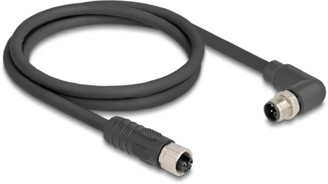 Delock M12 L-coded Kabel 4-pins Mannelijk 90° - Vrouwelijk Recht - 1m - Zwart