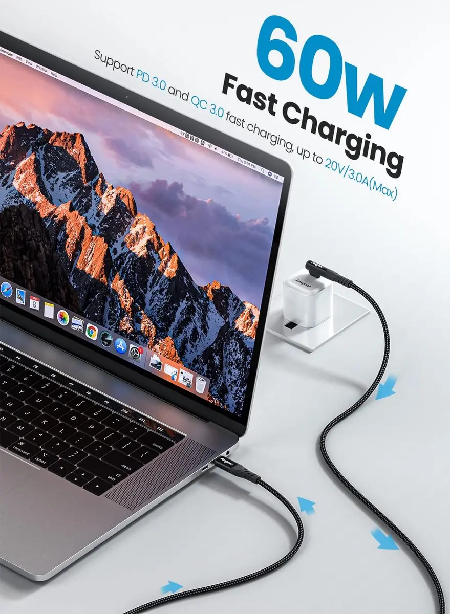 NÖRDIC USBC-147 USB-C Haakse Kabel 3m - 60W - Zwart