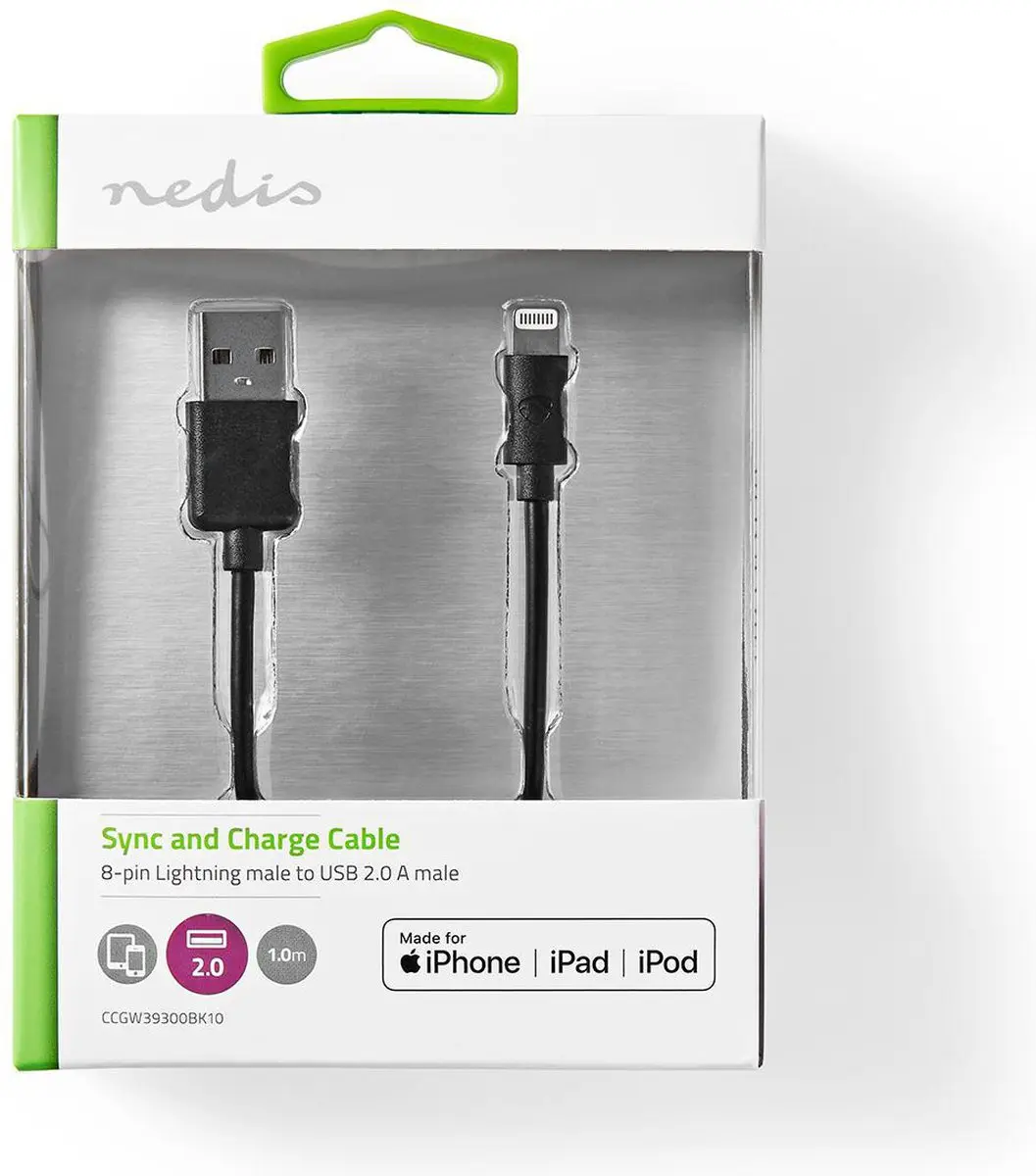 Nedis Lightning Kabel USB-A 1m - Apple 8-Pins - 480 Mbps - Zwart