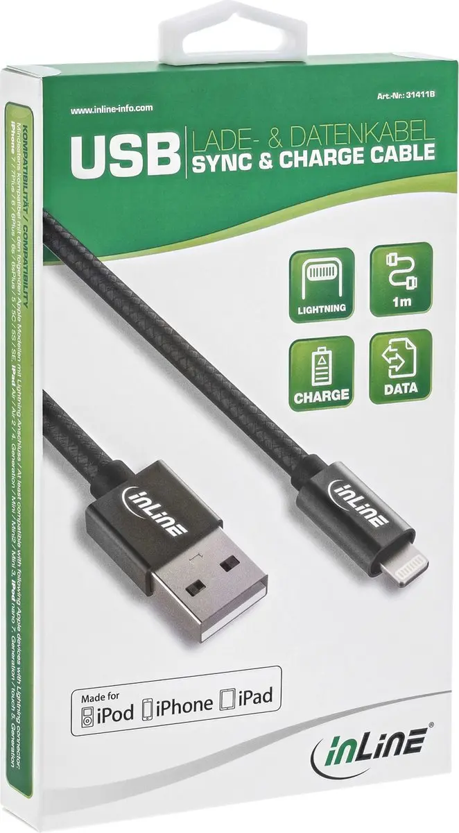 InLine Lightning naar USB Kabel INL-31411B - 1m - Zwart