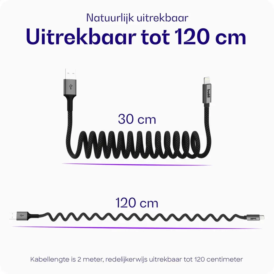 Buddi Flex Uitrekbare Lightning Krulkabel 12W - 2M - Zwart