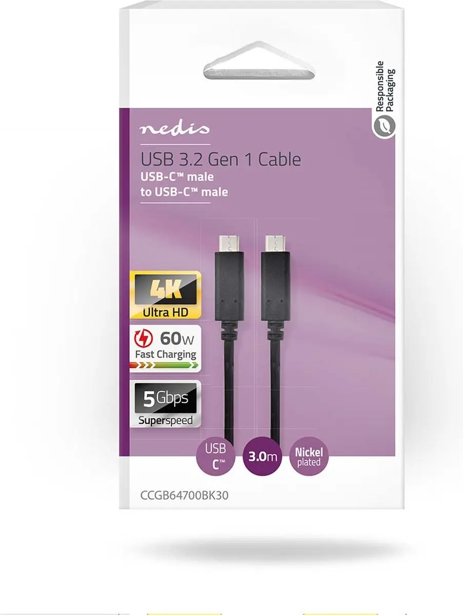 Nedis USB-C Kabel 3.00m - 60W 4K@60Hz - Zwart