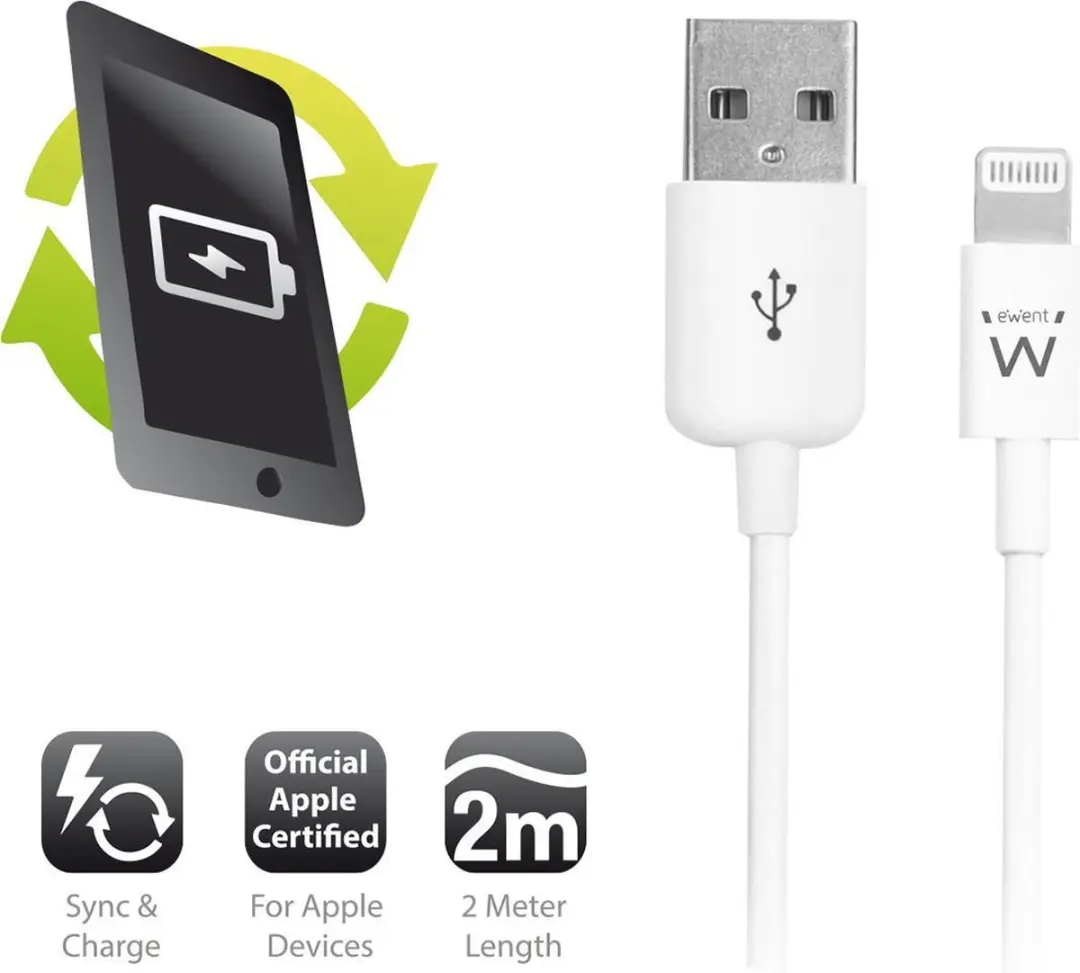 Ewent USB Lightning Kabel 2.0M - Wit