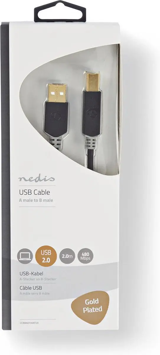 Nedis USB 2.0 A-B Kabel 2m - Verguld - Antraciet