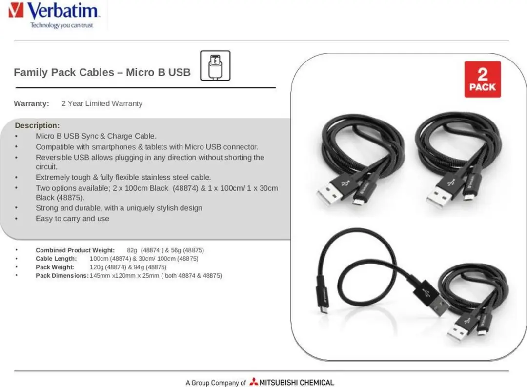 Verbatim 48875 USB-kabel 1m - Micro-USB A naar USB A - 2 Stuks