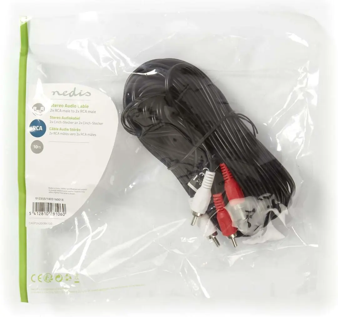 Nedis Stereo-Audiokabel CAGL24200BK100 - 2x RCA Mannelijk - 10m - Rood/Wit