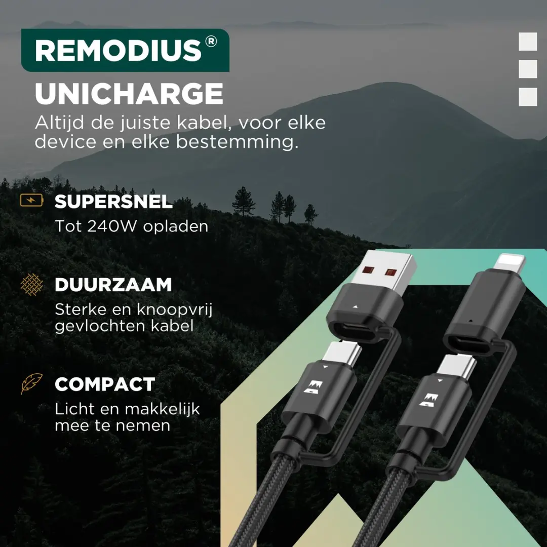 Remodius UniCharge USB-C Kabel 1.2m - USB-C/USB-A/Lightning - Zwart