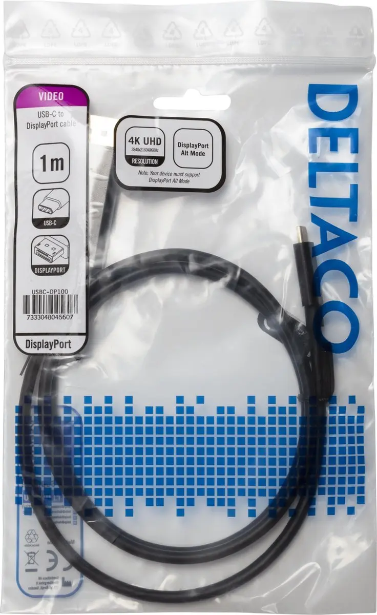 Deltaco USBC-DP100 USB-C naar DisplayPort Kabel 4K - 1m - Zwart