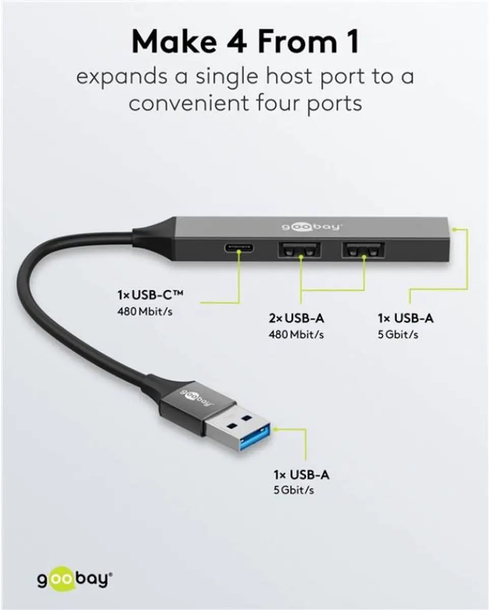 Goobay USB-A Hub 3x USB-A 1x USB-C USB 3.2 Gen 1 - 0,1m - Grijs