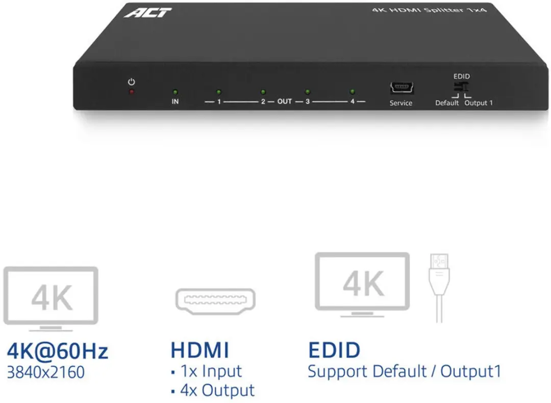 ACT 4K HDMI Splitter AC7832 - 1 naar 4 - Black