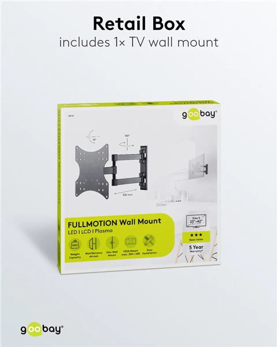 Goobay TV Muurbeugel 23-42" - Kantelbaar & Draaibaar - 20kg - Zwart