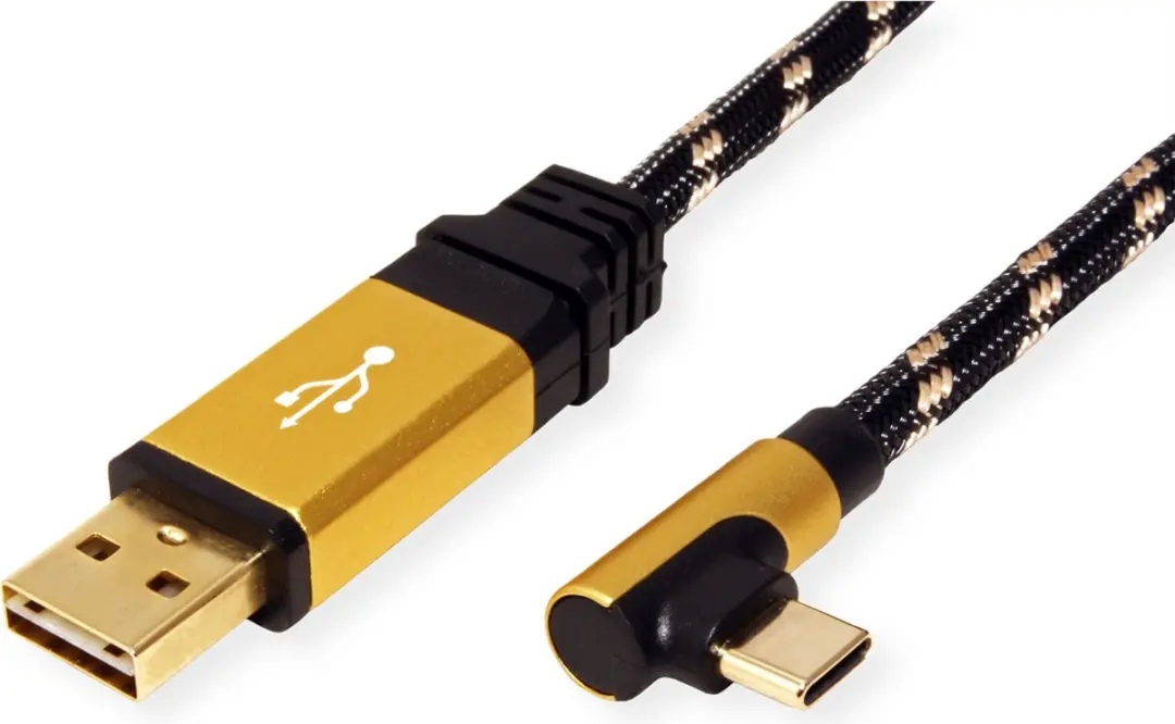 Roline GOLD USB 2.0 Kabel USB-A naar USB-C 90° - 3m - Zwart/Goud