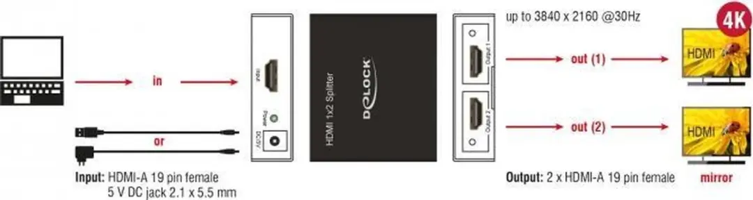 Delock HDMI Splitter 1 naar 2 4K 30Hz - Zwart