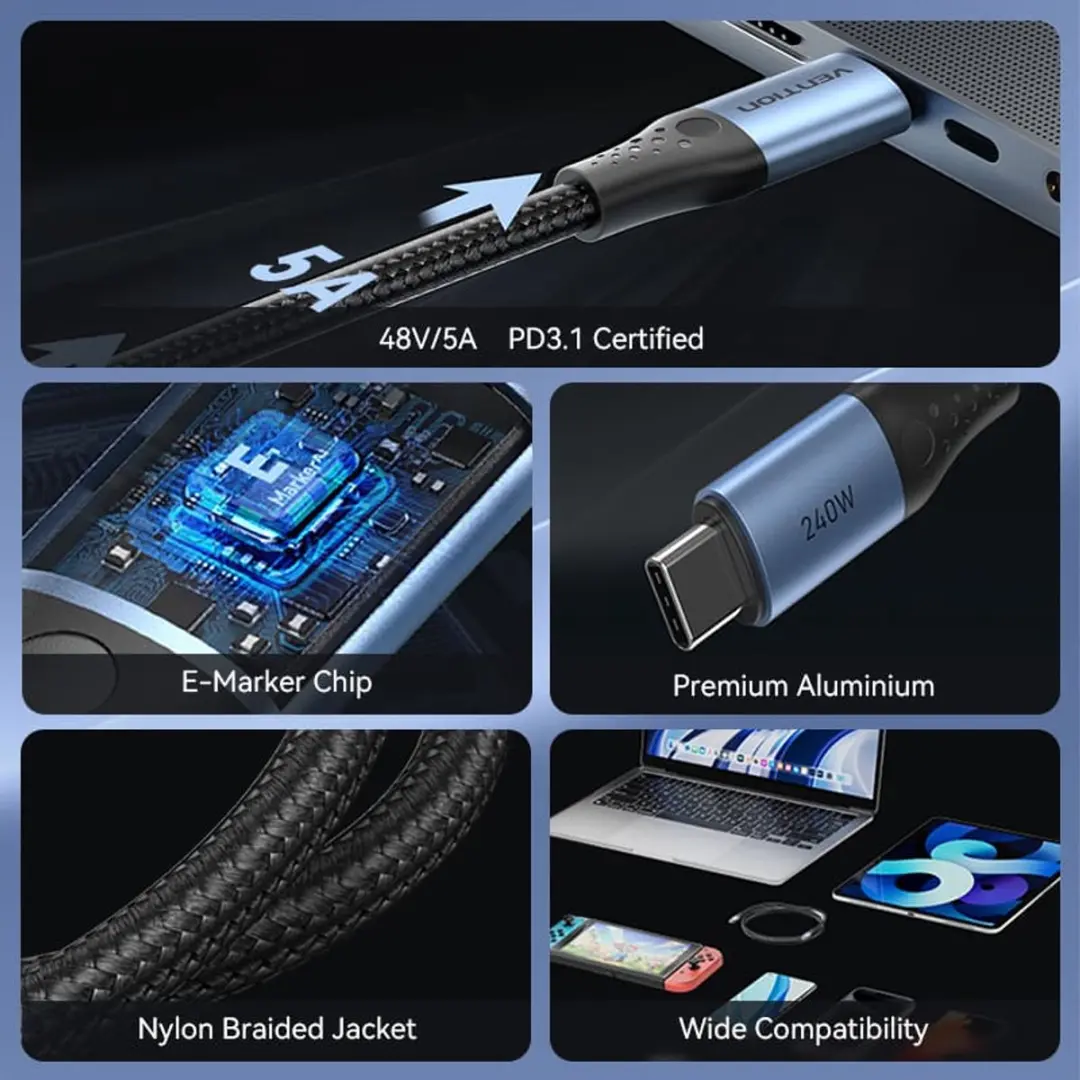 Vention USB-C Kabel 240W 5A 1.5m - Grijs/Blauw