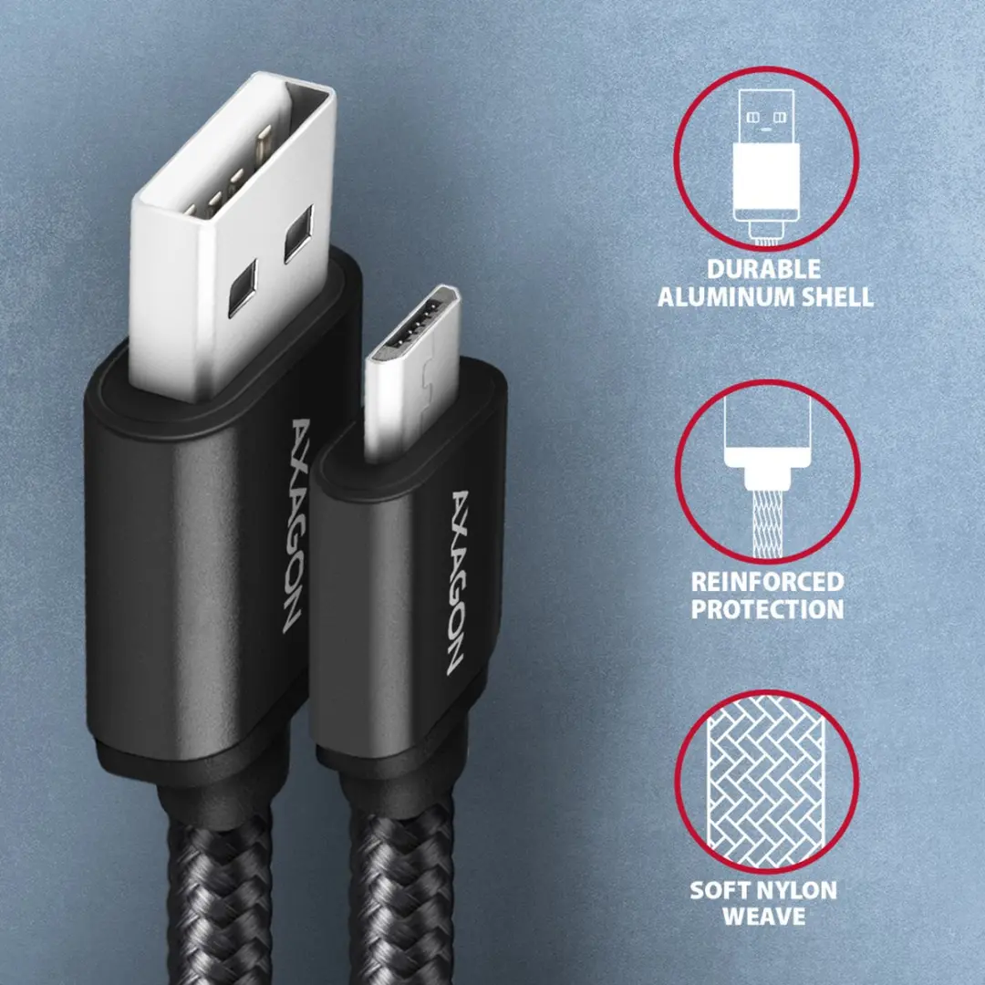 Axagon BUMM-AM10AB USB-kabel Micro USB naar USB-A 1m - 2.4A - Zwart