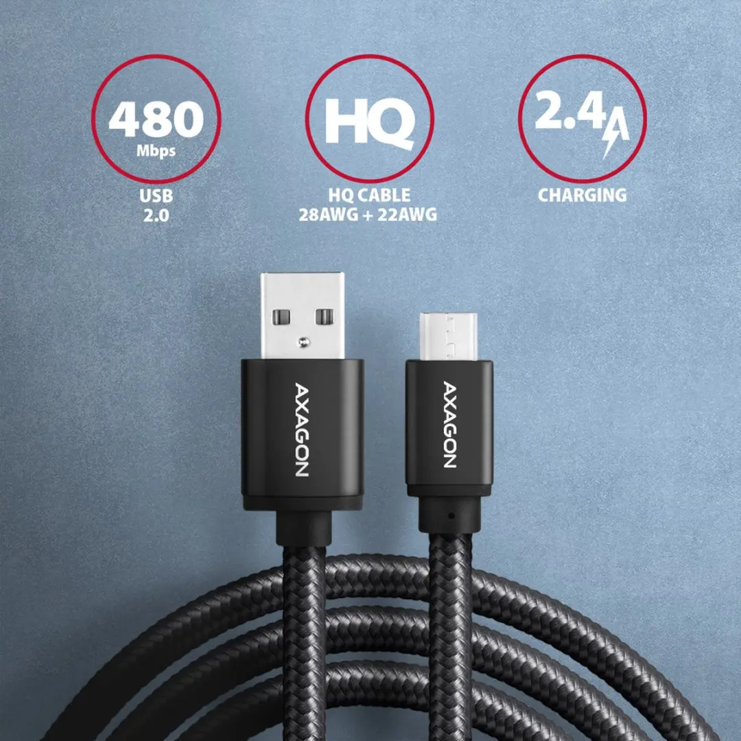 Axagon BUMM-AM10AB USB-kabel Micro USB naar USB-A 1m - 2.4A - Zwart