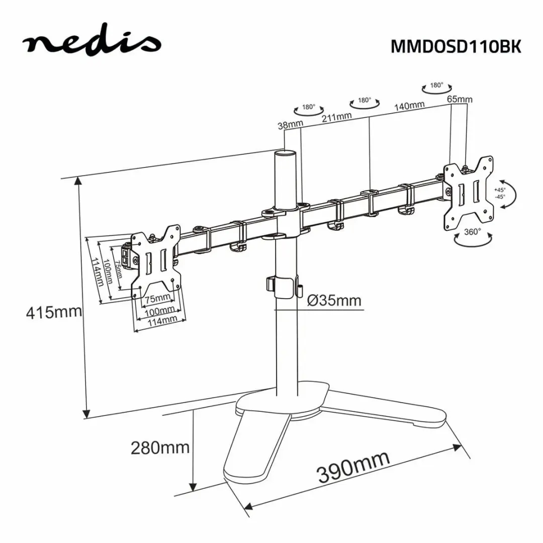 Nedis MMDOSD110BK Monitorbeugel 2 Schermen - 15-32" - Zwart