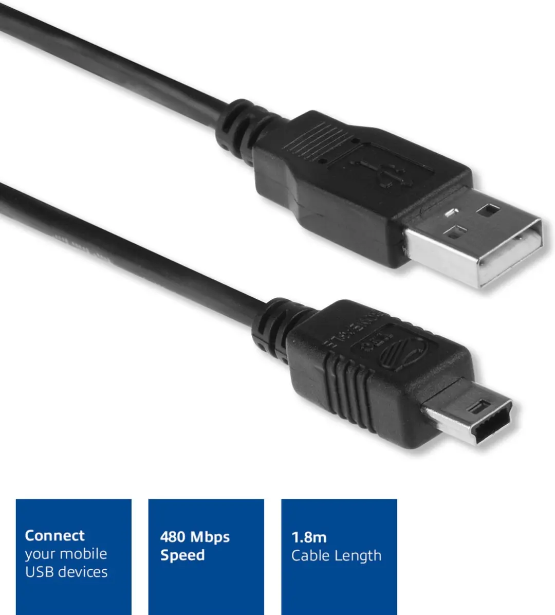 ACT AC3050 USB 2.0 A naar USB Mini B Kabel - 1,8m - Zwart