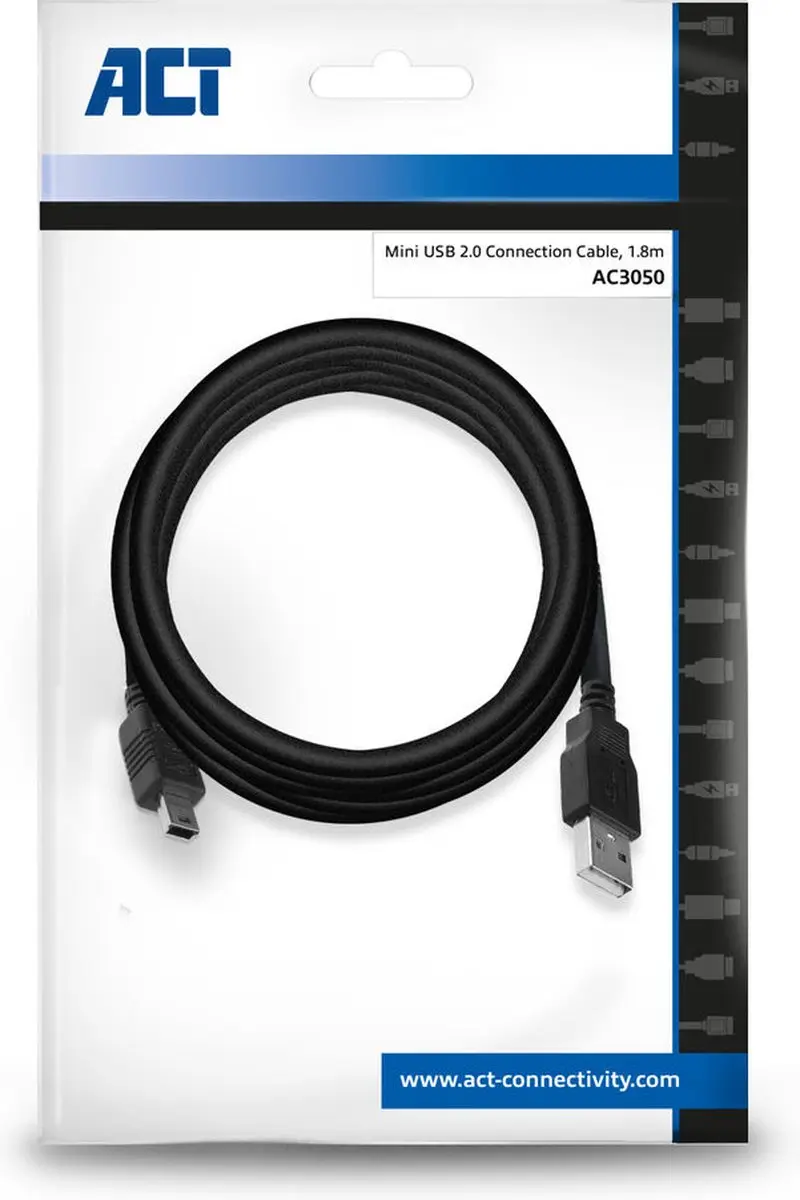 ACT AC3050 USB 2.0 A naar USB Mini B Kabel - 1,8m - Zwart
