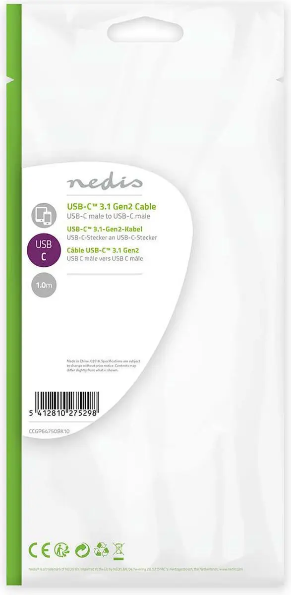 Nedis USB-C Kabel CCGP64750BK10 100W 1m - Zwart