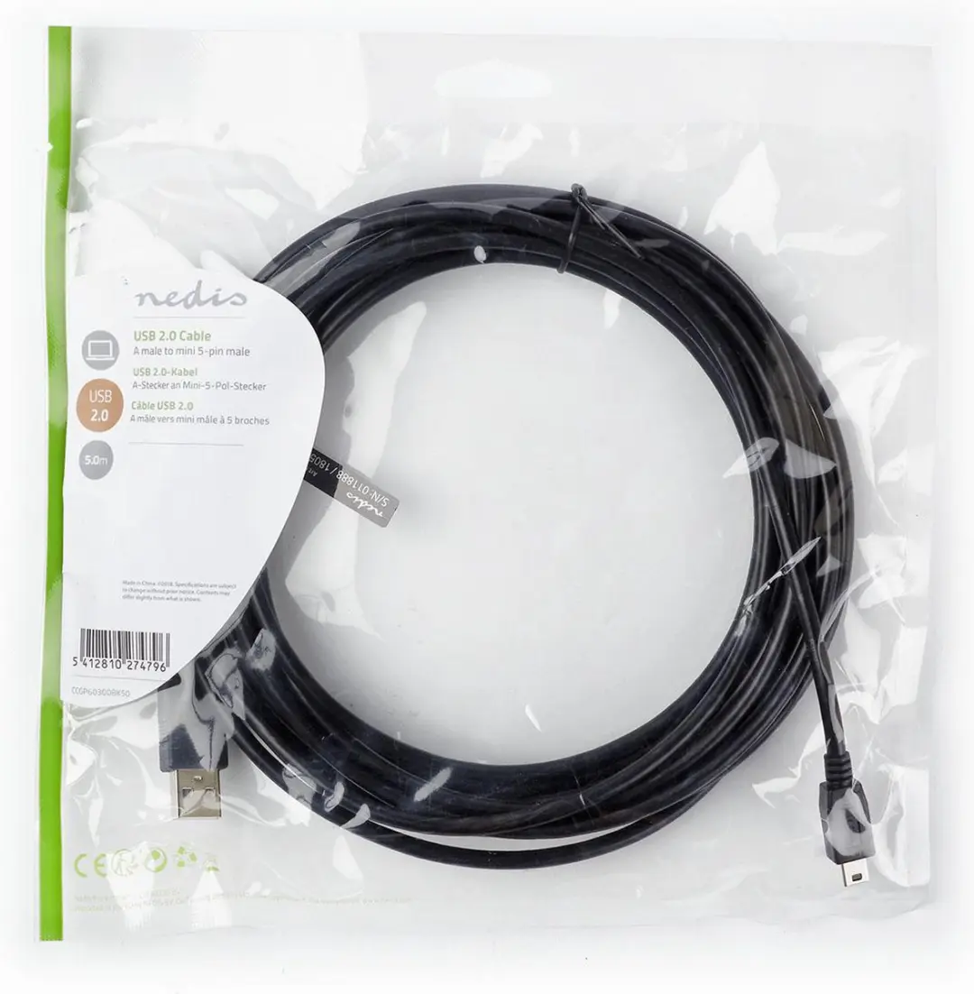 Nedis USB 2.0 A naar Mini-B Kabel 5m - Zwart