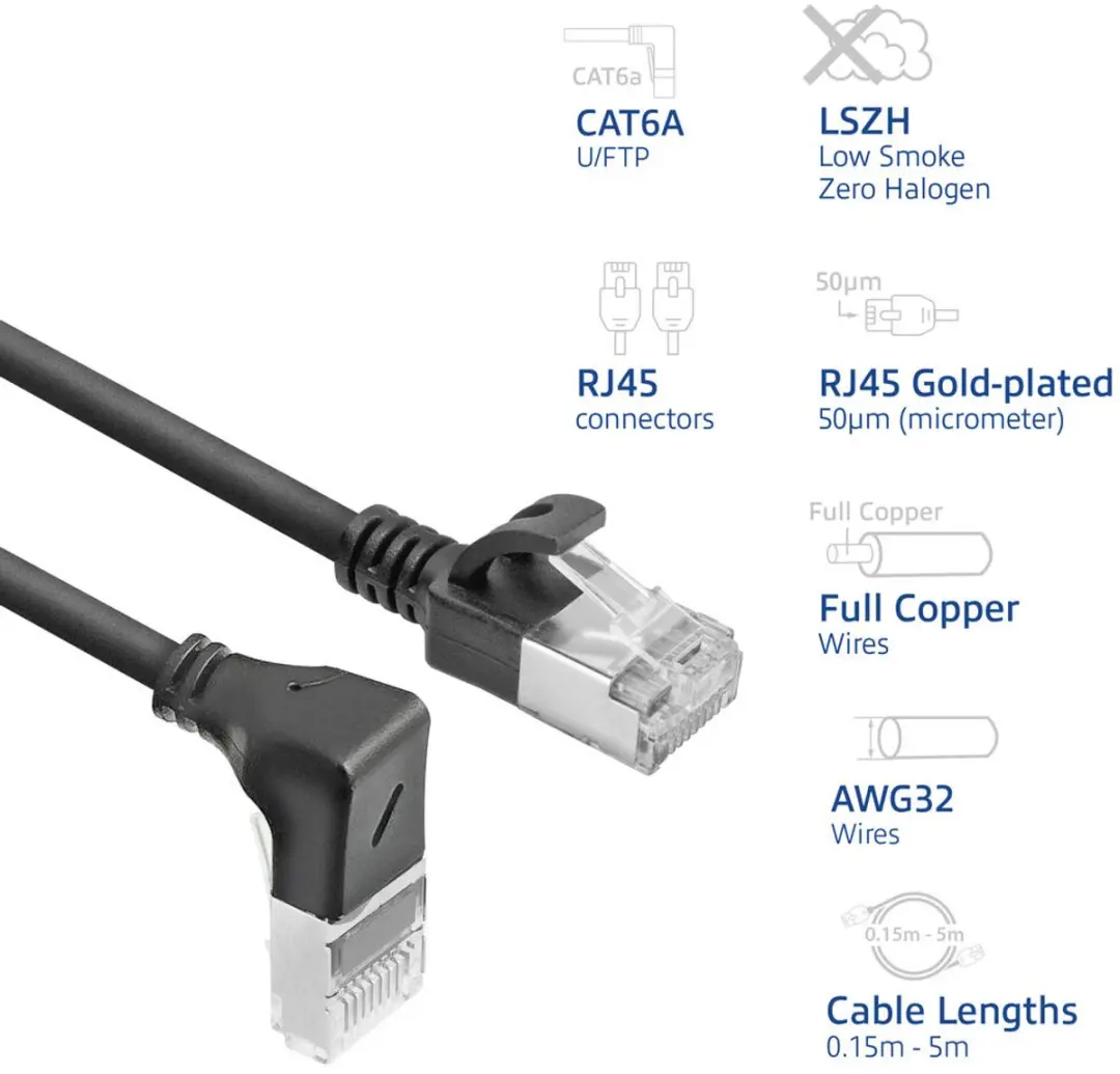 ACT DA3930 Patchkabel CAT6A U/FTP 0.15m - RJ45 recht naar 90° - Zwart