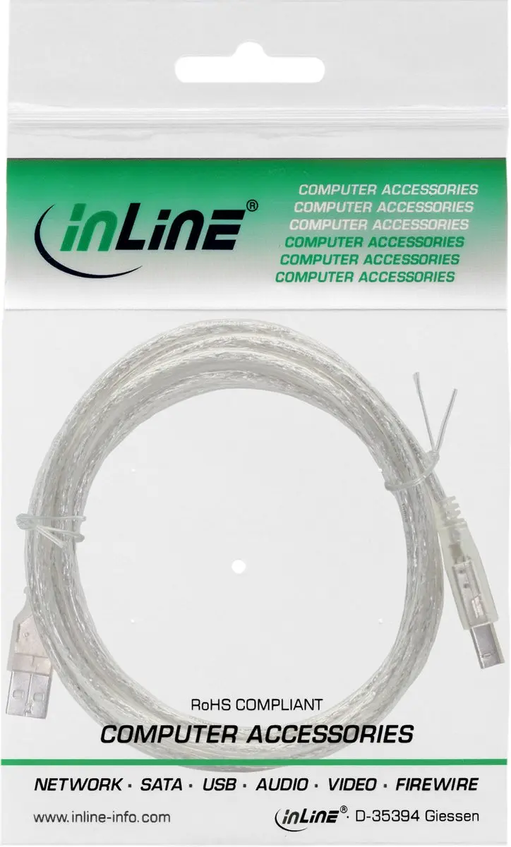 InLine USB naar USB-B Kabel 2.0 - 0,5m - 2A - Transparant