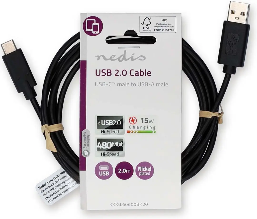 Nedis USB-A naar USB-C Kabel 15W 480Mbps 1m - Zwart