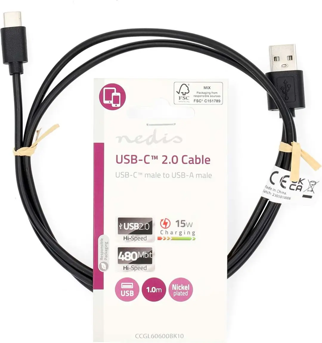 Nedis USB-A naar USB-C Kabel 15W 480Mbps 1m - Zwart