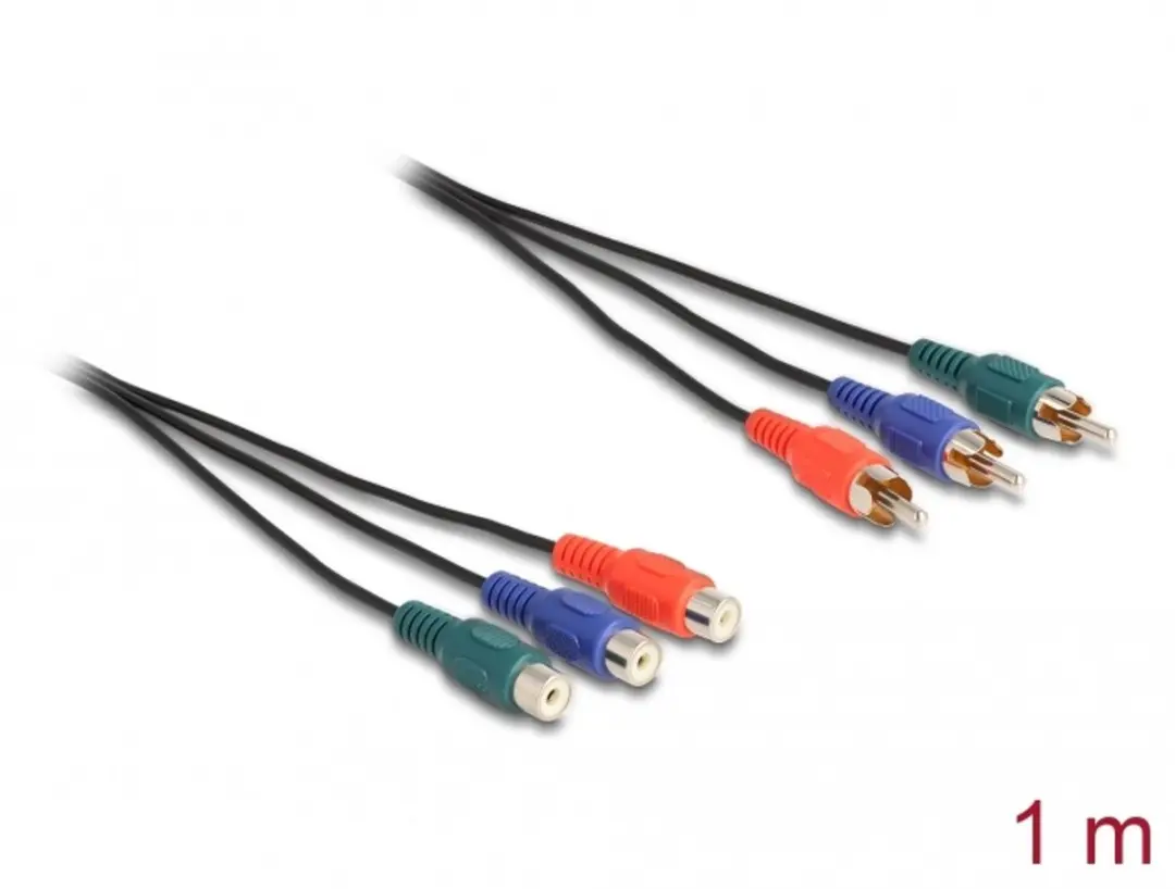 Delock RCA RGB Kabel 3x M naar 3x V 1m - Zwart