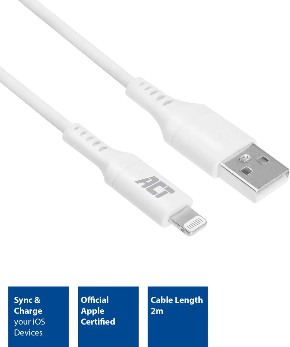 ACT AC3012 USB 2.0 Kabel - A male naar Lightning - 2m - Wit