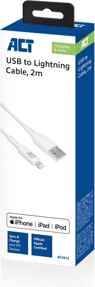 ACT AC3012 USB 2.0 Kabel - A male naar Lightning - 2m - Wit