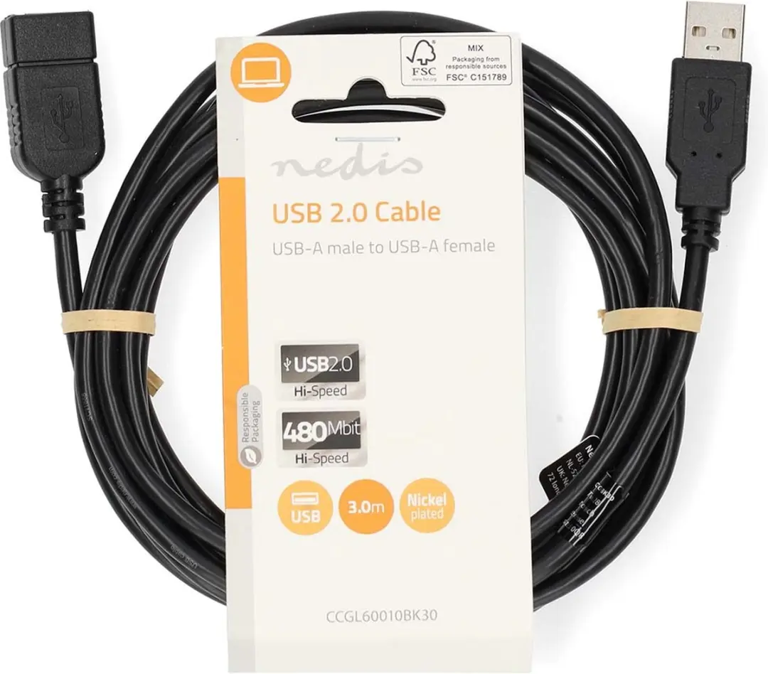 Nedis USB 2.0 A-A Kabel 480 Mbps - 3m - Zwart
