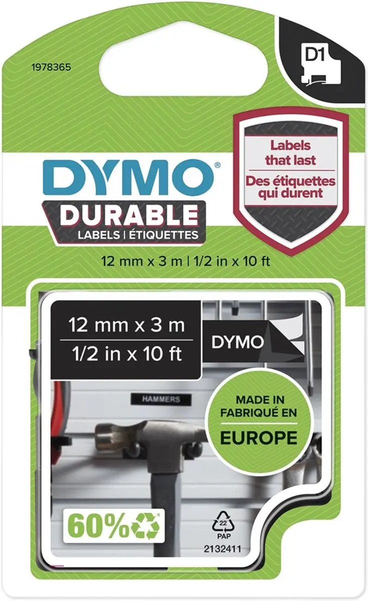 Durable D1 tape white/black 12mm x 3mm
