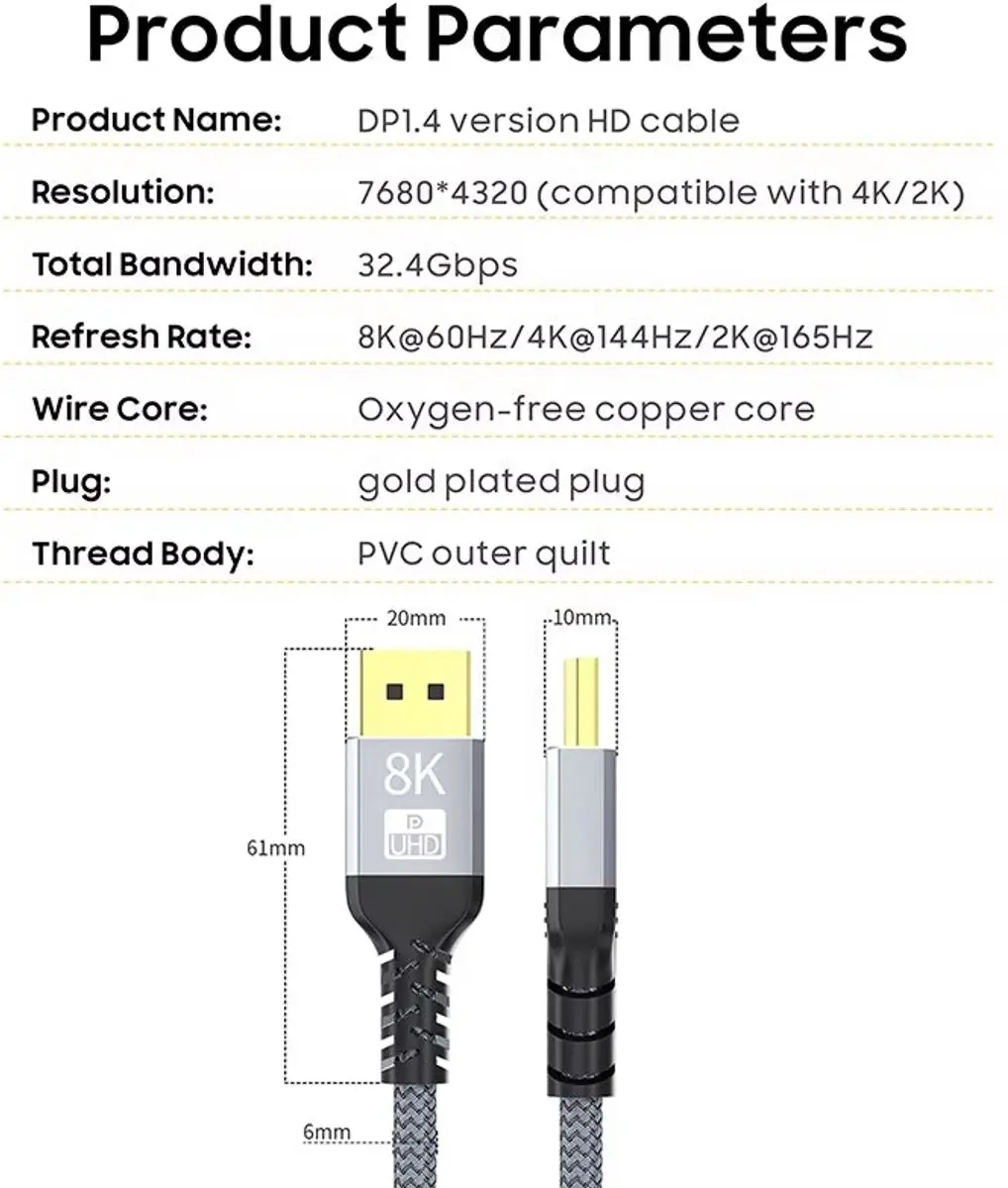 NÖRDIC DPDP-N2005 Gevlochten DisplayPort Kabel 1.4 - 8K 60Hz - 50cm