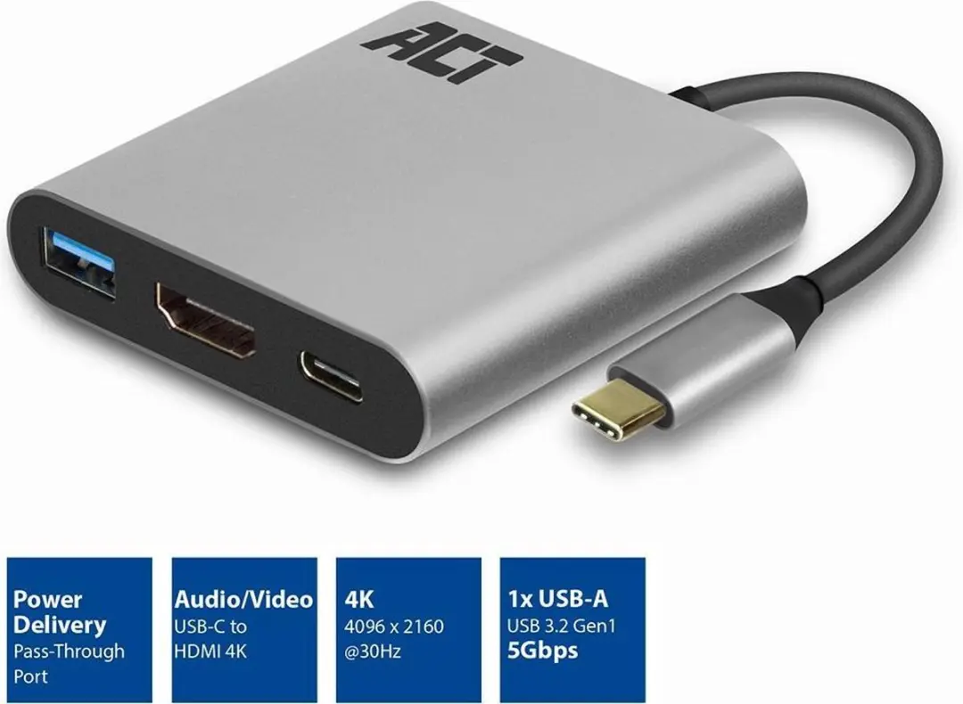 ACT AC7022 USB-C Multiport Adapter - HDMI & USB-A - Grijs