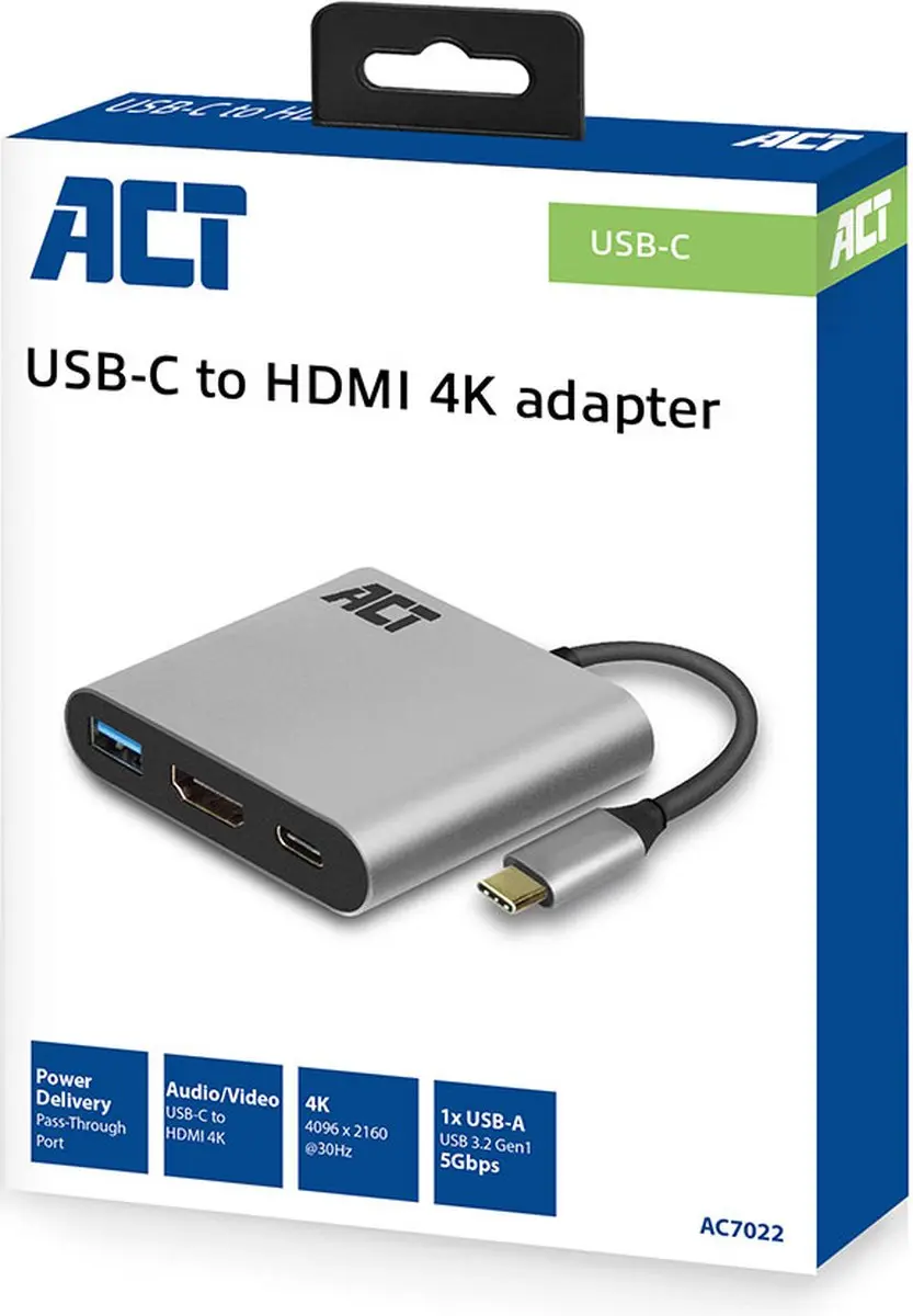 ACT AC7022 USB-C Multiport Adapter - HDMI & USB-A - Grijs