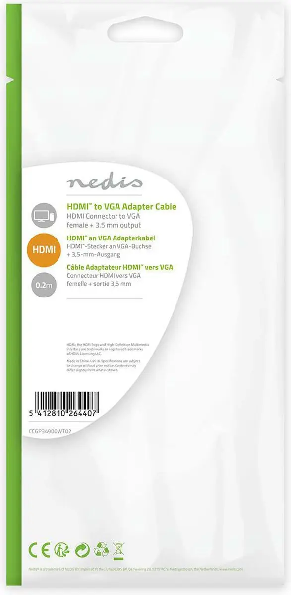 Nedis HDMI naar VGA Kabel 1080p 0,2m - Wit