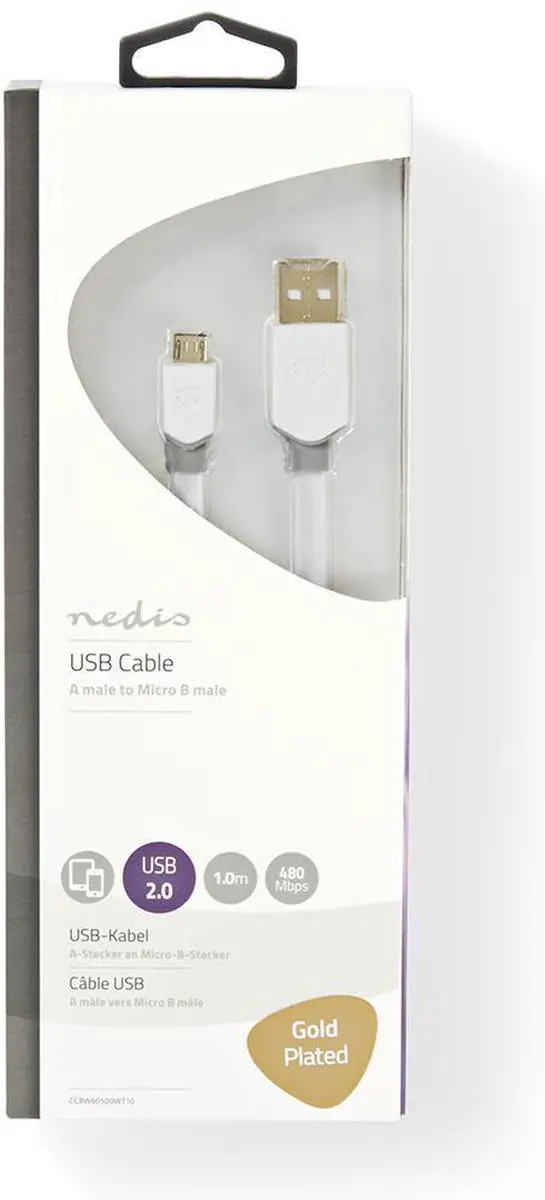 Nedis USB 2.0 A naar Micro-B Kabel 1m - Verguld - Plat - Wit
