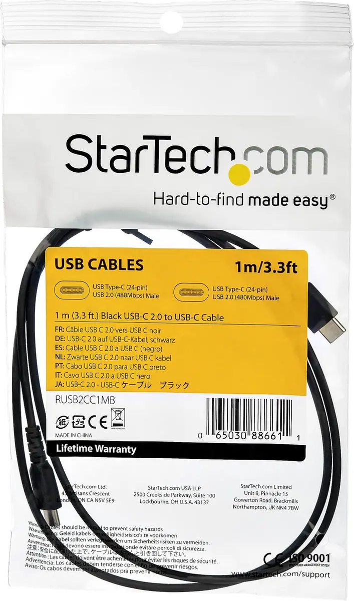 Startech USB-A naar USB-C Kabel 2.0 1m - Zwart