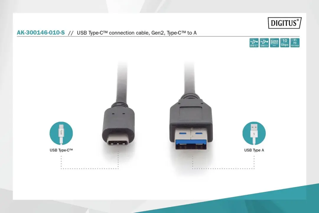 Digitus USB-C naar USB-A 3.1 Gen2 Kabel 10Gbps PD - 1m - Zwart