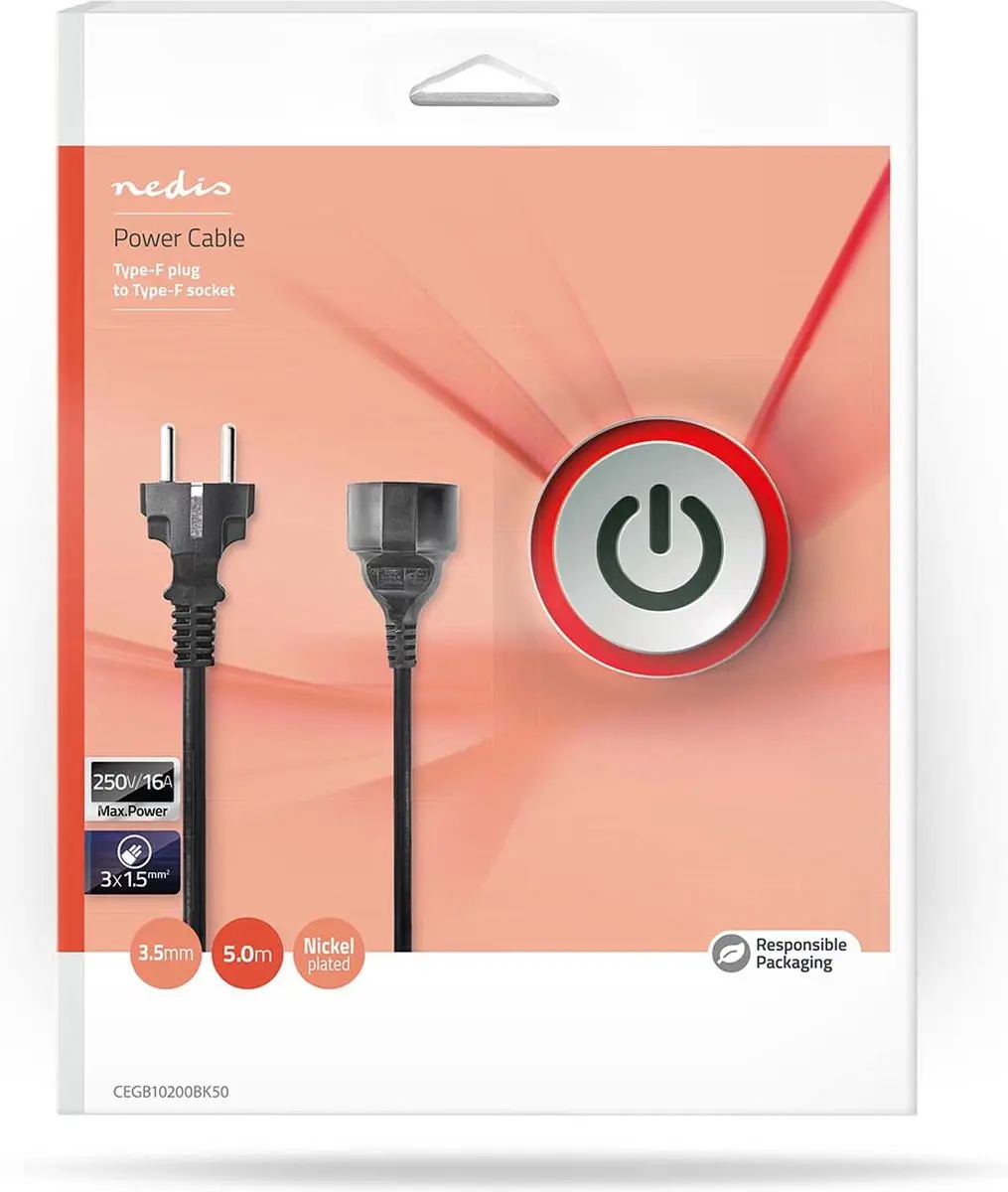 Nedis Stroomkabel CEGB10200BK50 Type F M/F - 5m - Zwart