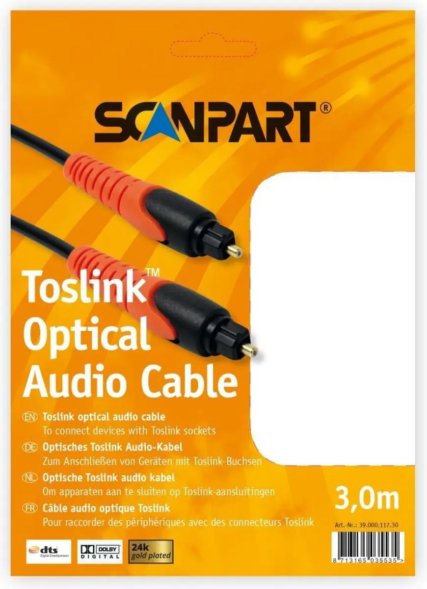 Scanpart Toslink Digitale Optische Kabel 3m - Zwart-oranje