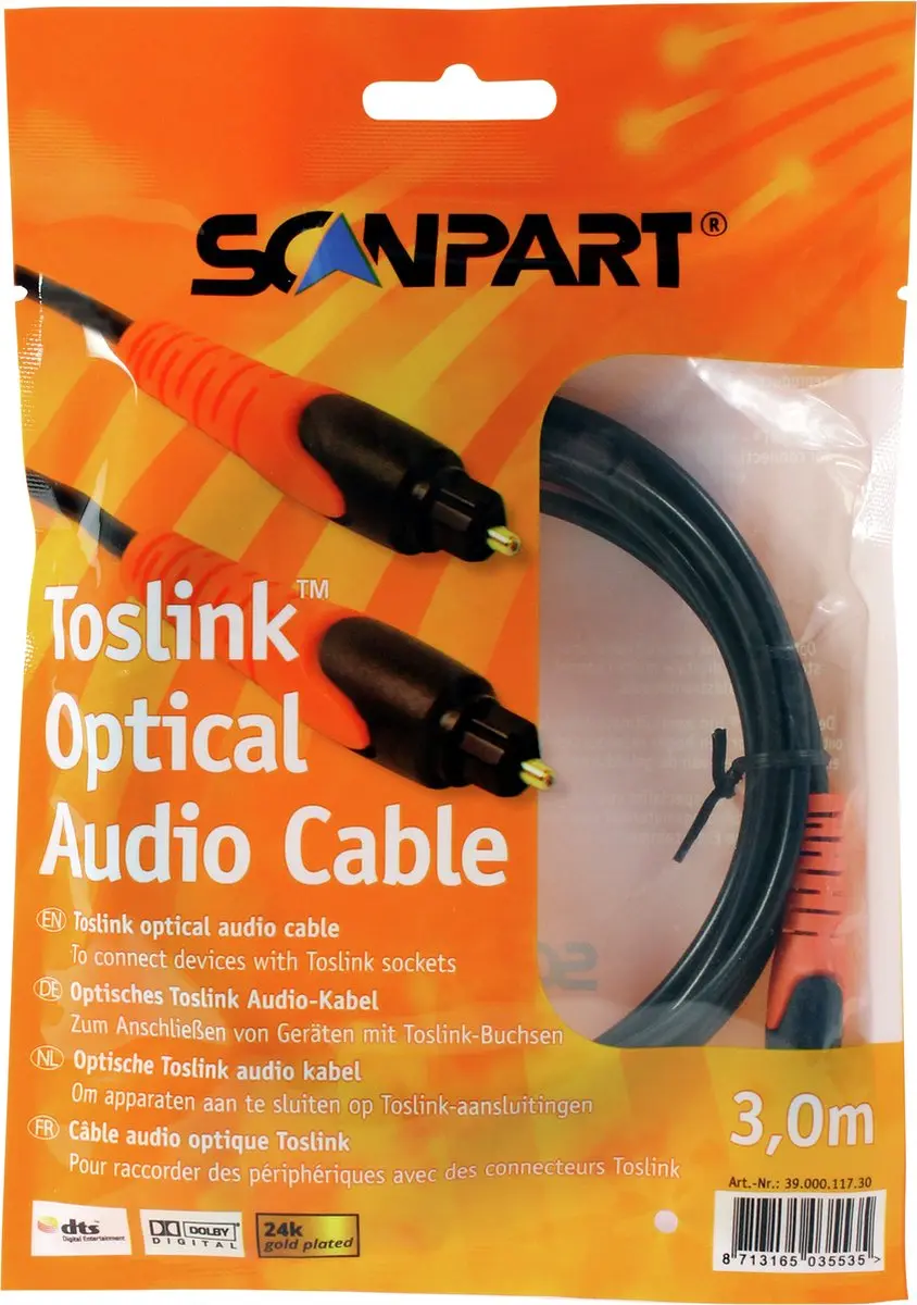 Scanpart Toslink Digitale Optische Kabel 3m - Zwart-oranje